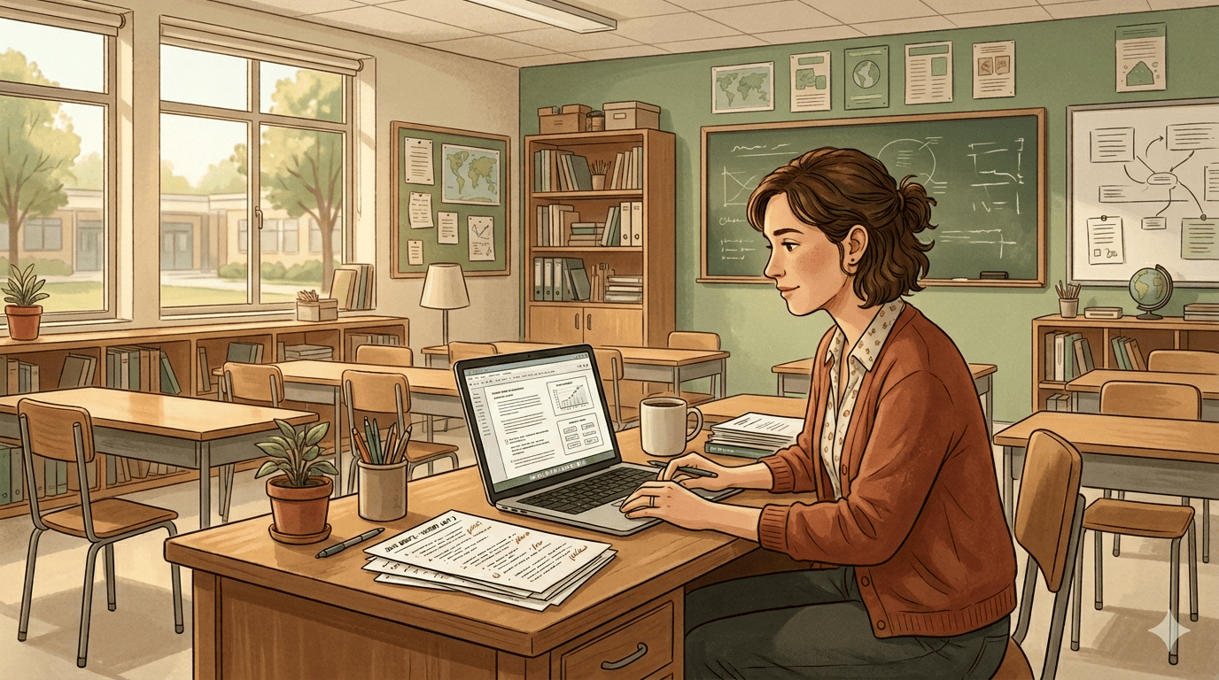 Teacher reviewing quiz drafts on a laptop in a classroom
