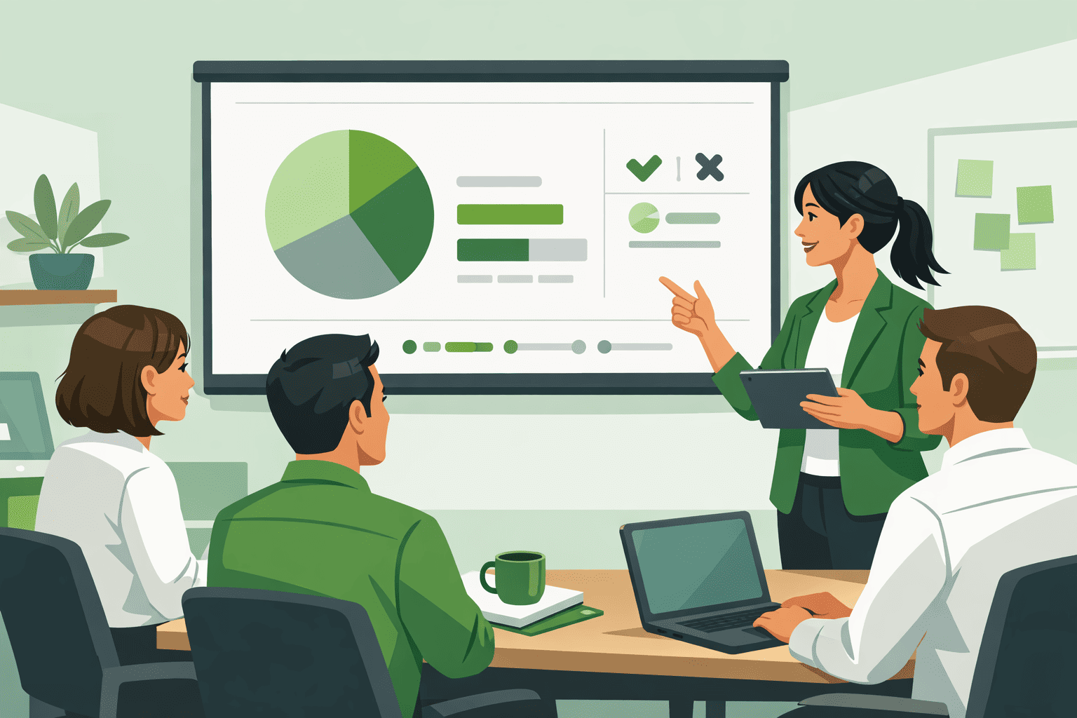 Workplace training team reviewing knowledge check results and assessment visuals