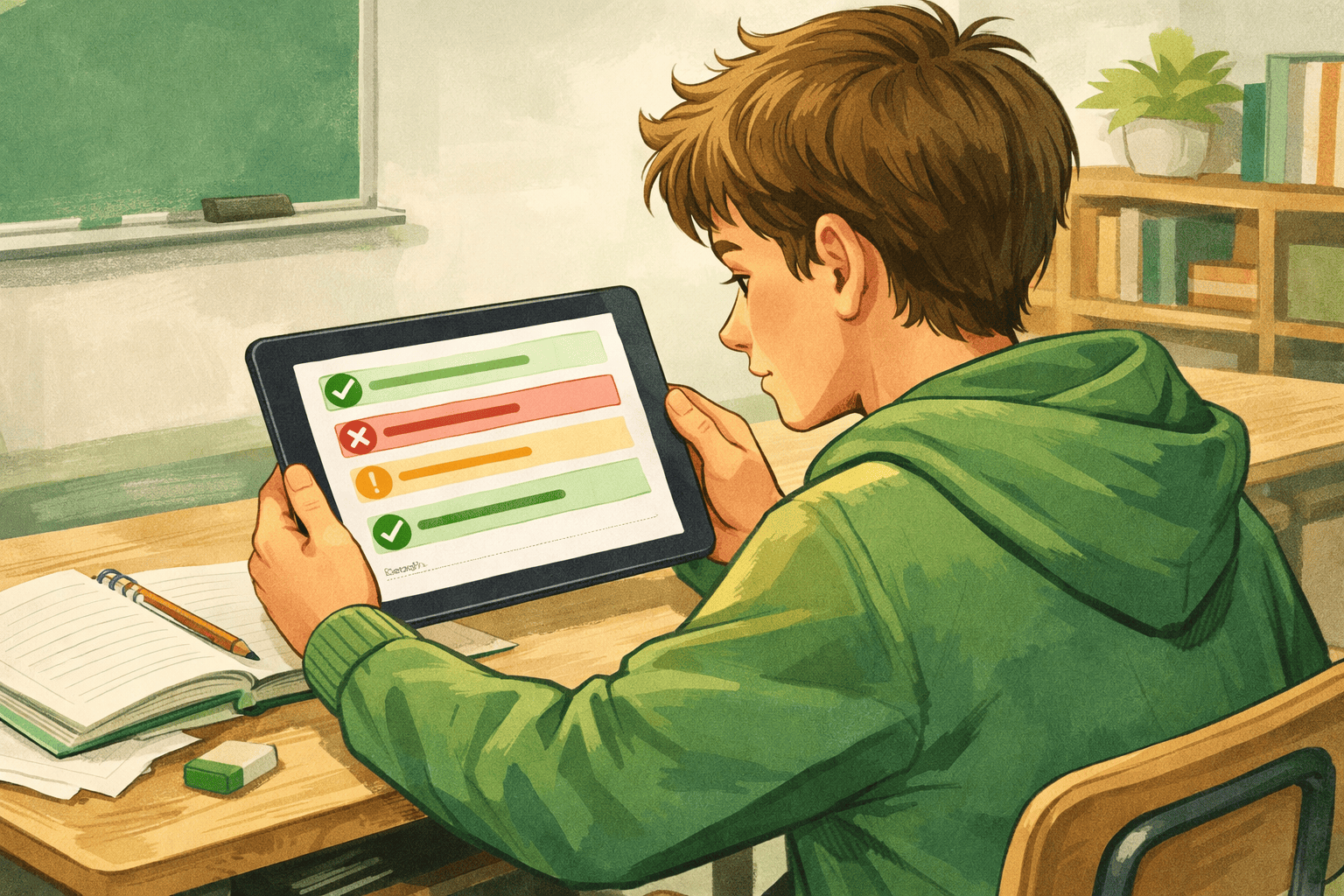 Student reviewing quiz feedback on a tablet in a classroom